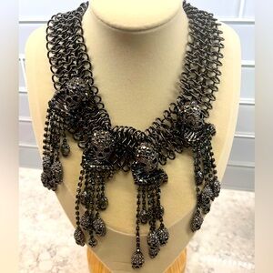 Natasha Couture gunmetal skull skeleton rhinestone bib Gasparilla necklace NEW